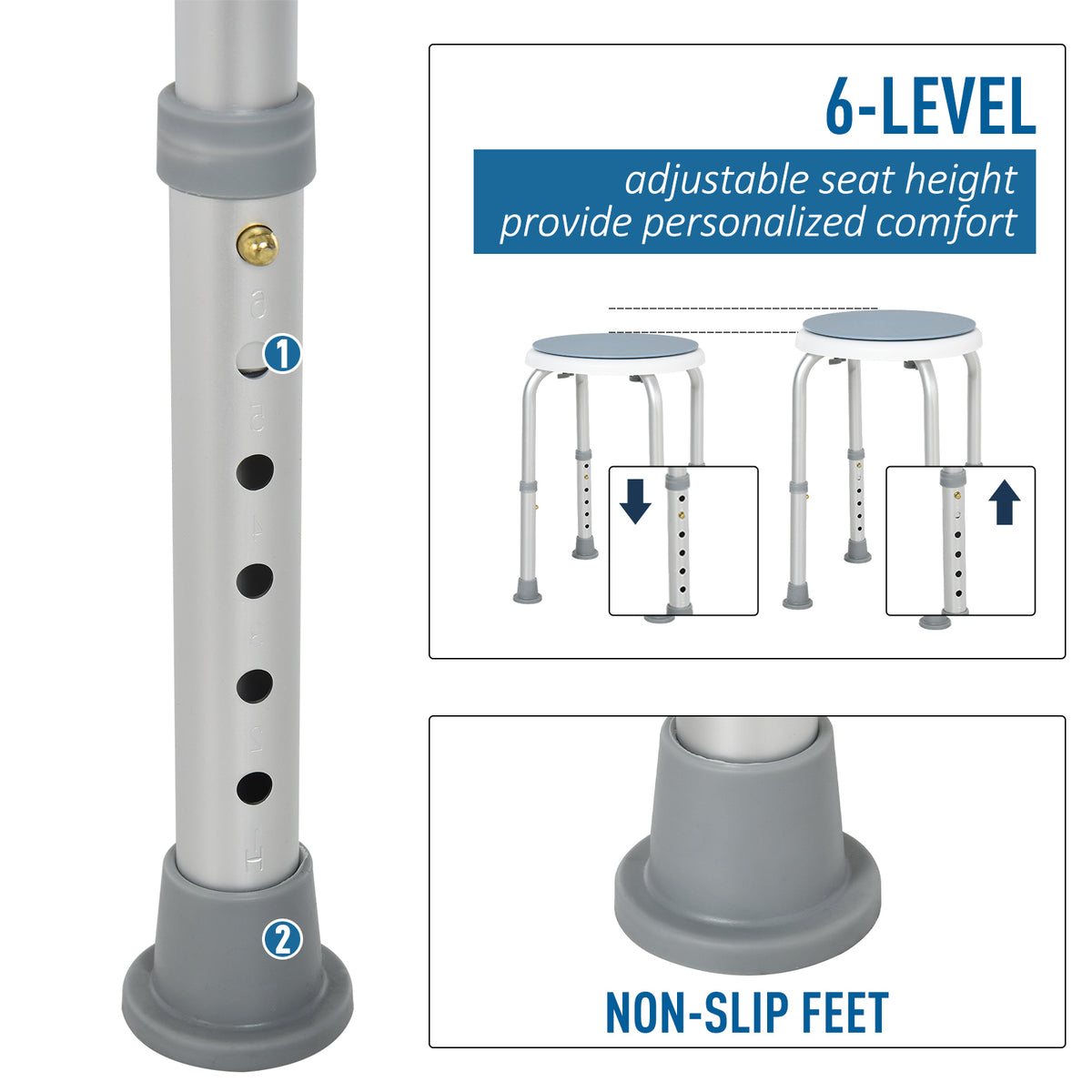 HOMCOM 360° Swivel Shower Chair, Height Adjustable Aluminium Shower Stool with Non-Slip Feet for Disabled, Elderly, Light Blue