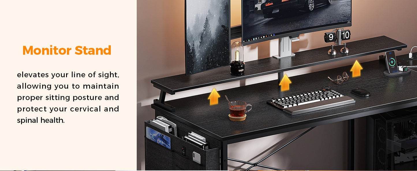 Coleshome L Shaped Gaming Desk with LED Lights, 120 × 80 cm Computer Desk with Power Outlet,  Black