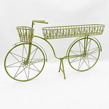 AcaciaHome Stylish and Charming Green Metal Bicycle Flower Pot Holder with Basket and Trolley – Decorative Garden Planter for Indoors or Outdoors, Fun Display for Flowers, Herbs, or Palms 138CM