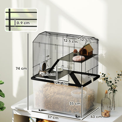 PawHut Three-Tier Gerbil Cage, Hamster Cage for Dwarf Hamster w/ Wheels, Deep Bottom, Food Dish, Water Bottle