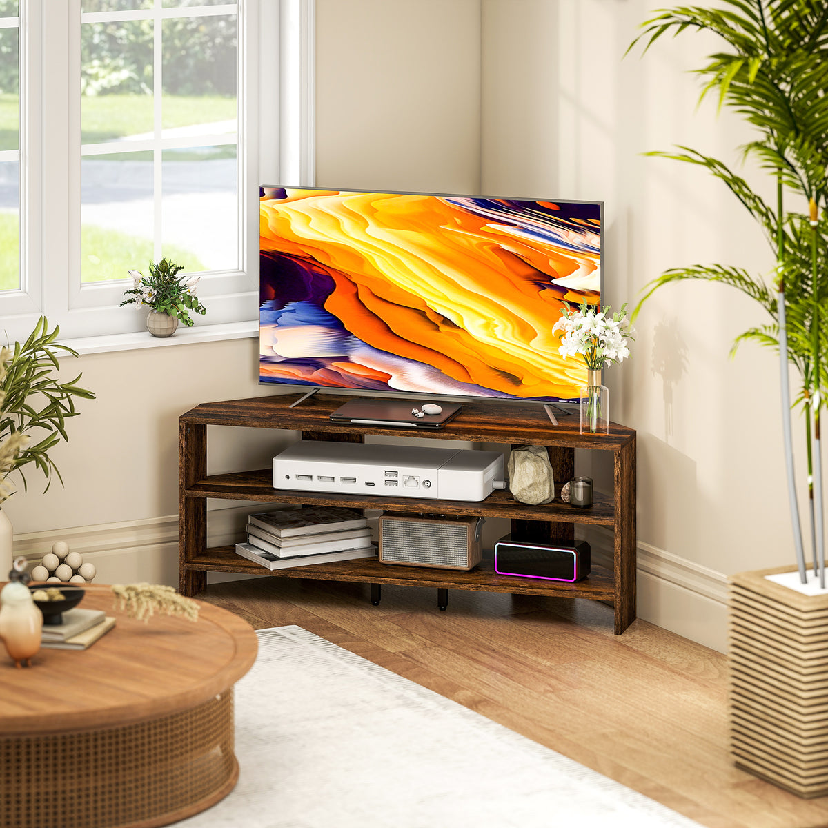 HOMCOM Corner TV Stand with 2 Open Shelves for 47 Inch TV - Rustic Brown
