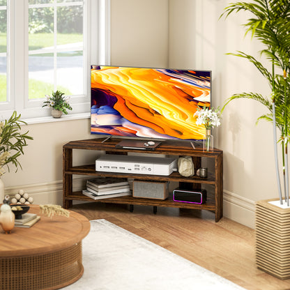 HOMCOM Corner TV Stand with 2 Open Shelves for 47 Inch TV - Rustic Brown