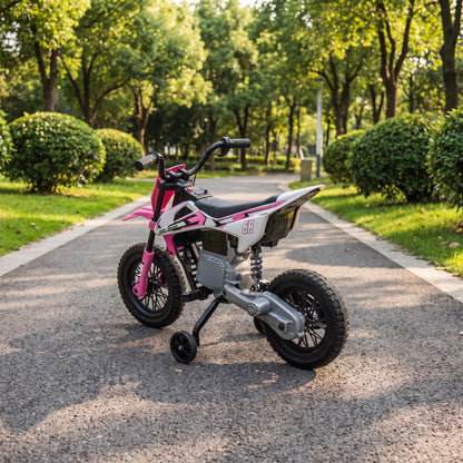 AIYAPLAY Kids Electric Motorcycle, 12V Ride On Motorbike with Training Wheels, Soft Start, Suspension, Music for 3–6 Years, Pink