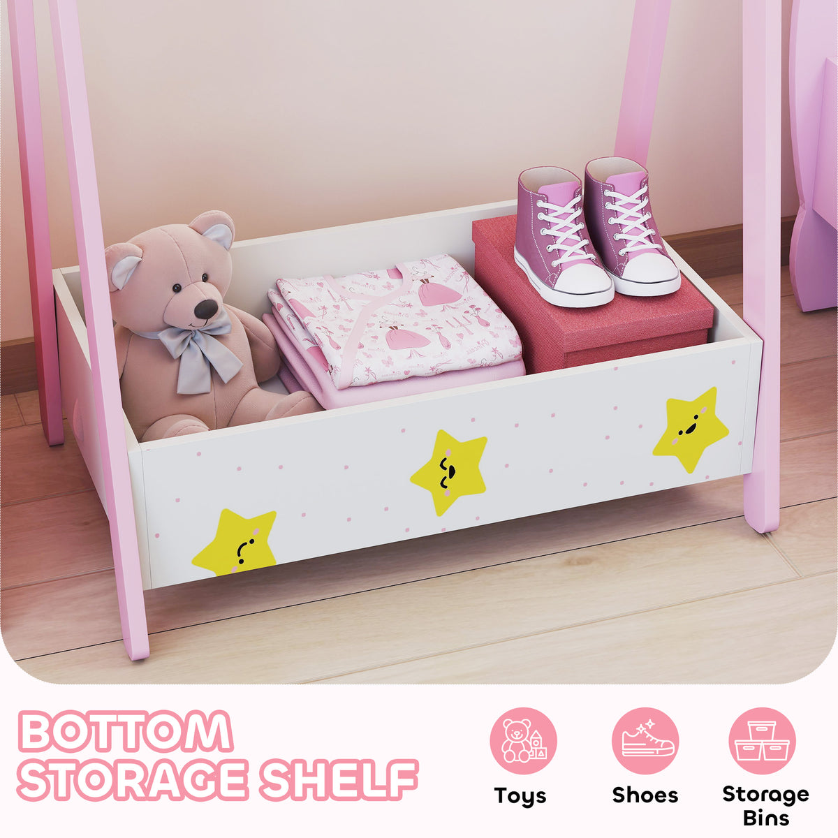 AIYAPLAY Baby Clothing Rack with Hangers, Storage Shelf for Bedroom, Star Theme, for Ages 3-6, Pink