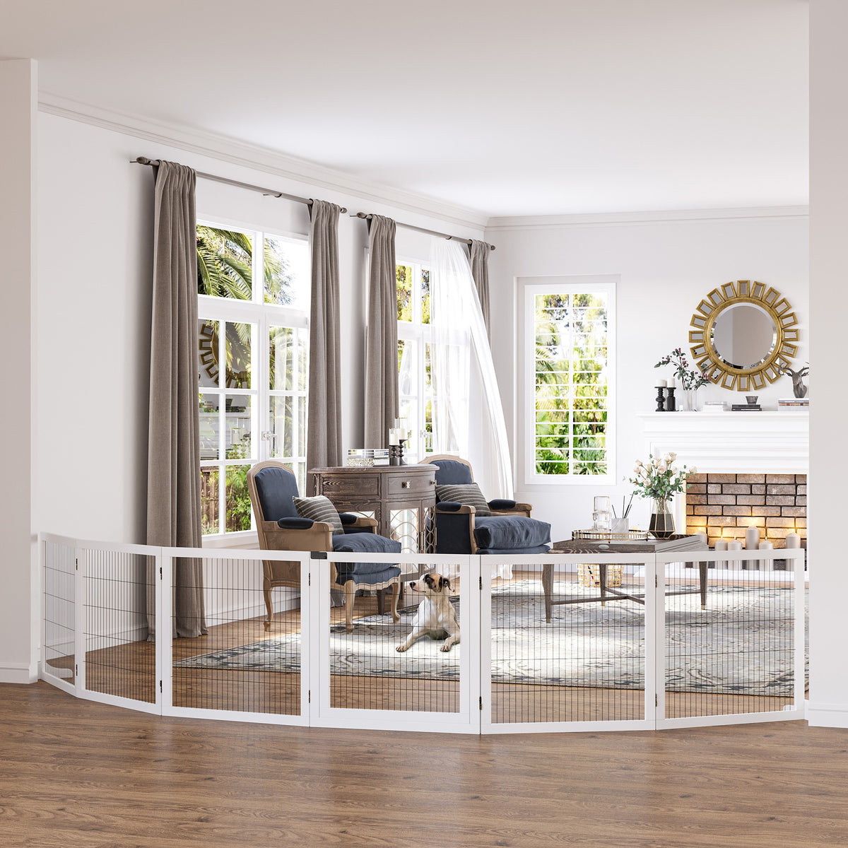 PawHut Wooden Pet Gate, Freestanding Dog Safety Barrier with 2 Support Feet, White