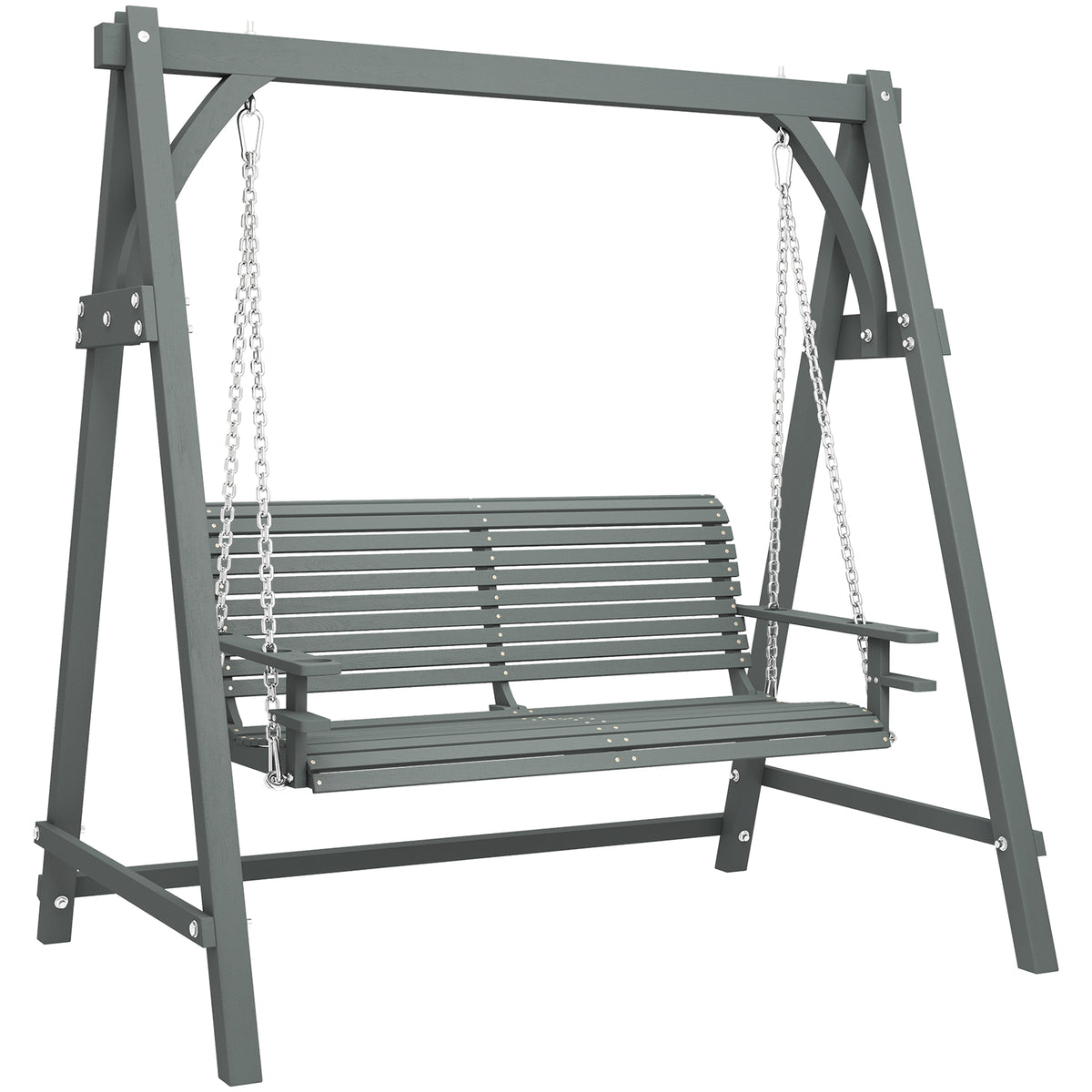 Outsunny 2 Seater Garden Swing Seat, Wooden Swing Chair Bench with Cup Holders for Outdoor Porch Patio, Grey