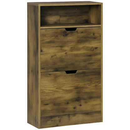 HOMCOM Shoe Cabinet with 2 Flip Doors, Slim 2-Drawer Shoe Cupboard with Adjustable Divider and Open Compartment for 12 Pairs of Shoes, Entryway Storage Unit, Rustic Brown