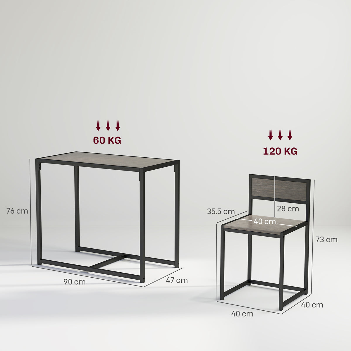 HOMCOM Dining Table and Chairs Set 2, Dining Room Sets, Rectangular Space Saving Table and 2 Chairs for Compact Kitchens, Steel Frame, Grey Wood-Effect