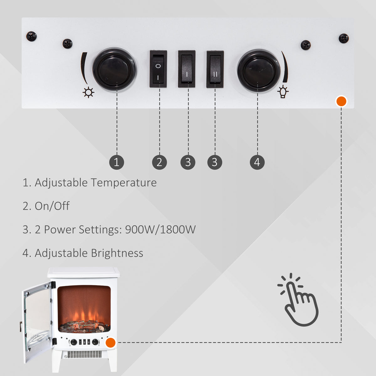 HOMCOM Electric Fireplace Stove, Free standing Fireplace Heater with Realistic LED Flame Effect and Adjustable Brightness, Overheat Safety Protection, 900W/1800W, White