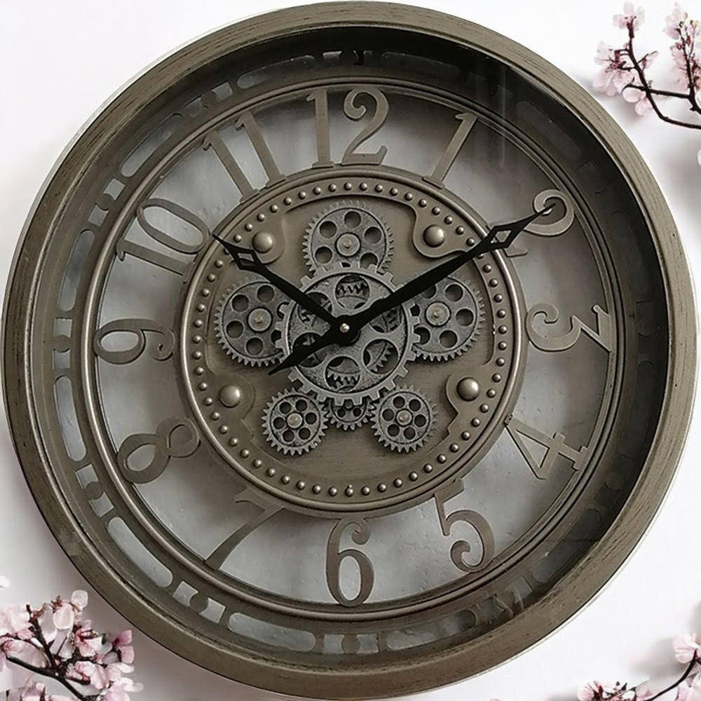 Stylish & Premium Elegant Wall Clock with Moving Gears - Round Metal Frame, Art Deco Style, Quartz Battery Movement for Dining Room, Living Rooms, Office, or Home Office Décor. (Grey Globe 46cm)
