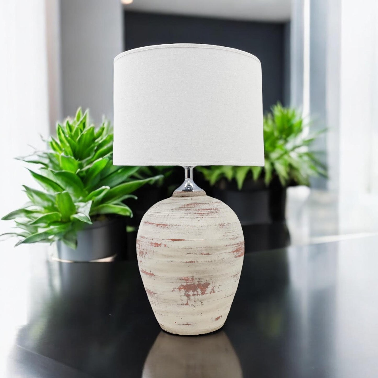 AcaciaHome Elegant Ceramic Table Lamp with Fabric Drum Shade – Decorative Bedside or Nightstand Light, Warm Soft Ambient Glow, E27 Bulb Compatible Lamp for Bedroom, Office & Desk (61cm Cream Lamp)