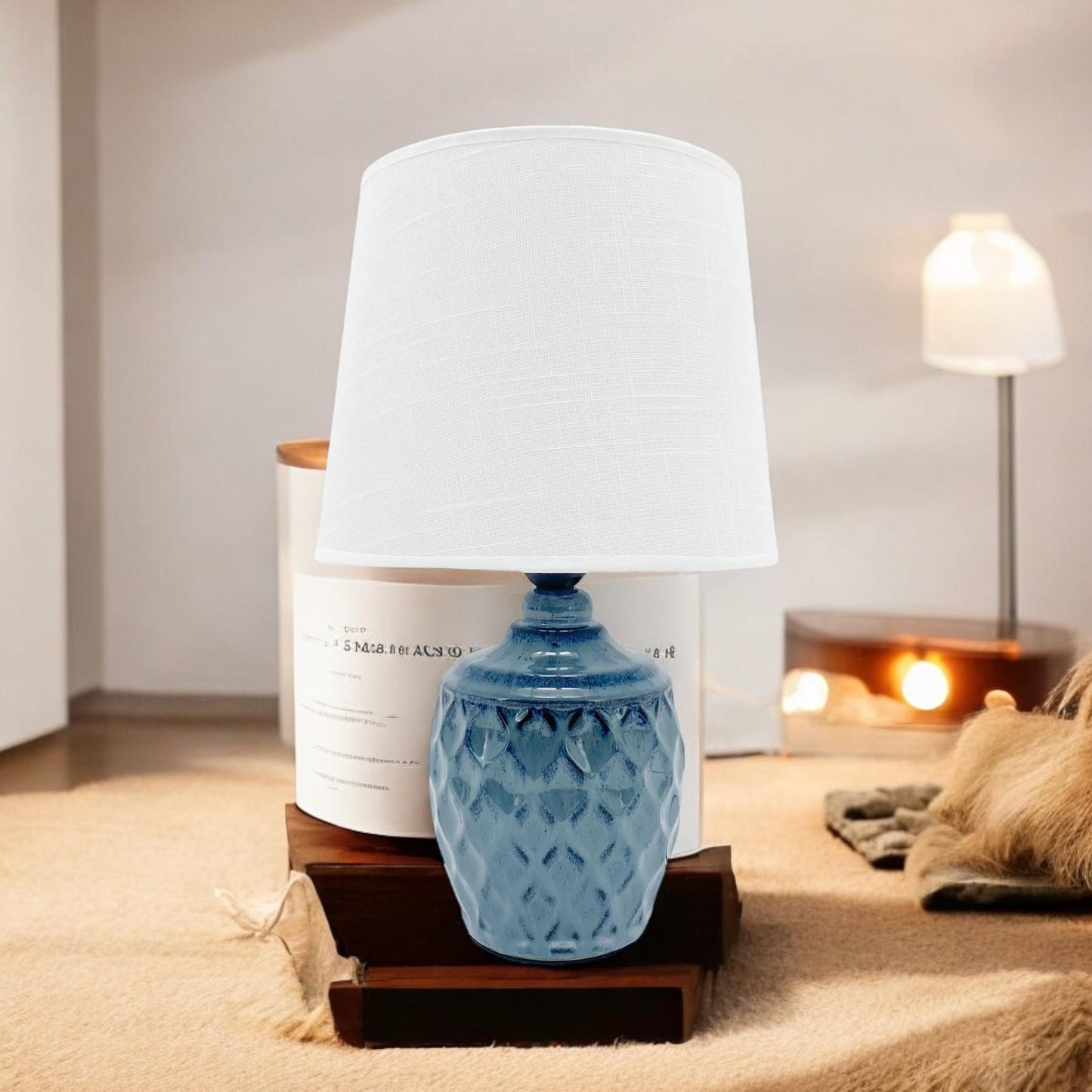 AcaciaHome Sophisticated and Durable 40cm Blue Ceramic Table Lamp with White Drum Shade - Elegant Home Decor with Functional Design for bedrooms, Living Rooms, or Studies Room (Round/Tall Blue Vase)