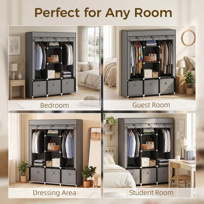 HOMCOM Foldable Fabric Wardrobe for Bedroom, Portable Wardrobe with 5 Shelves, 2 Hanging Rails and 3 Fabric Drawers, Dark Grey