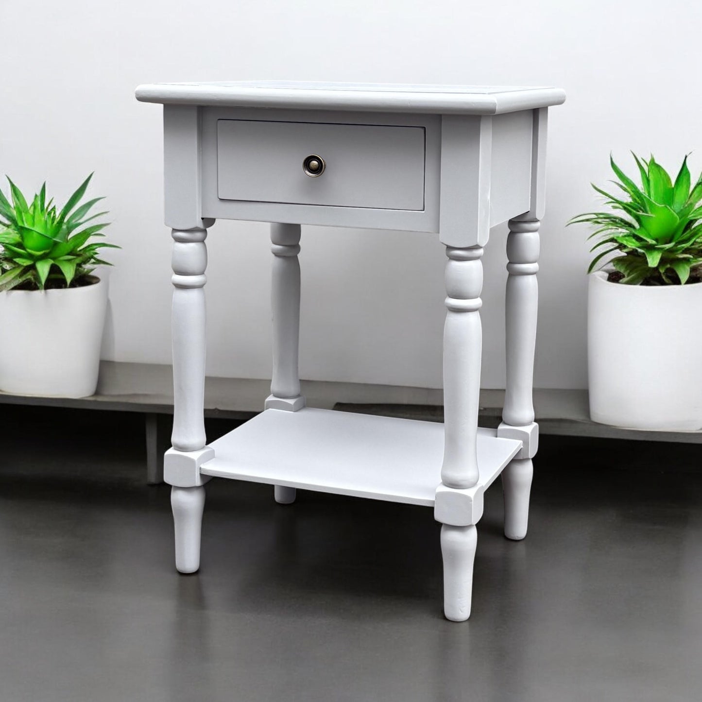 Modern and Stylish Bedside Wooden Side Table with 1 Drawer and Shelf - Sleek Art Deco Solid Pine Wood Side Tables with Storage for Home, Office, Living Room, and Hallways Decor (Solid, Grey)