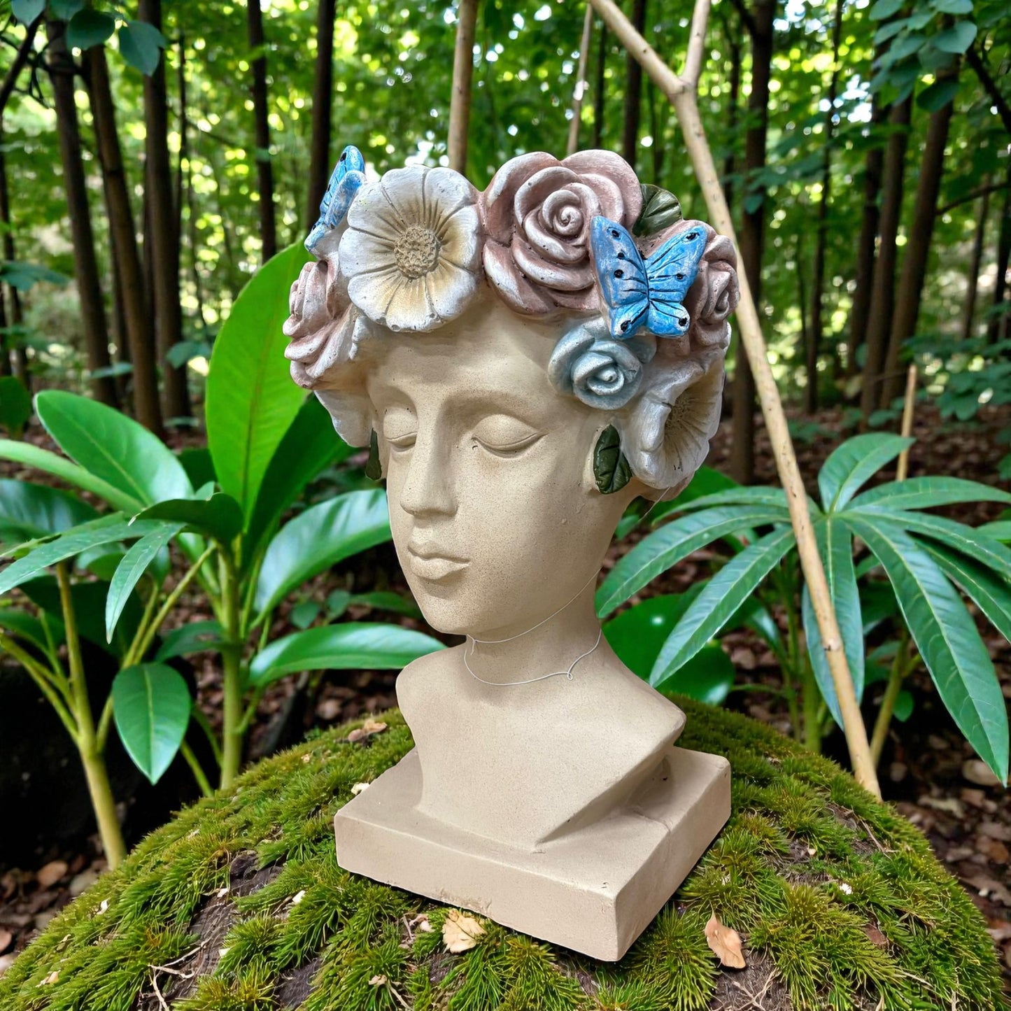 AcaciaHome Modern 42cm Fibreglass Easter Island TIKI Lady Head Planter, Unique Floral & Butterfly Plant Pot, Durable Weather-Resistant Indoor Outdoor Use for Patio Balcony Living Room (Multicolour)