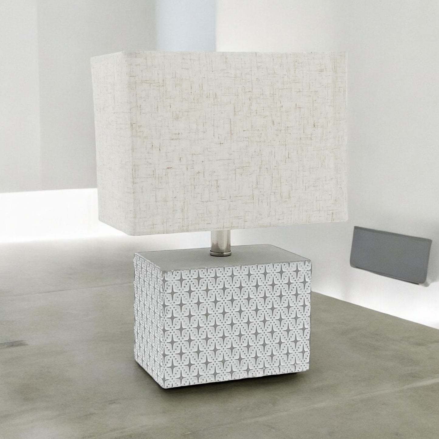 Stylish & Elegant Art Deco Cream-Grey Cement Table Lamp with Diamond Pattern & Off-white Fabric Energy Efficient Empire Shade for Bedroom, Office, Home Decor Lighting (Square -20cm-15cm-10cm)