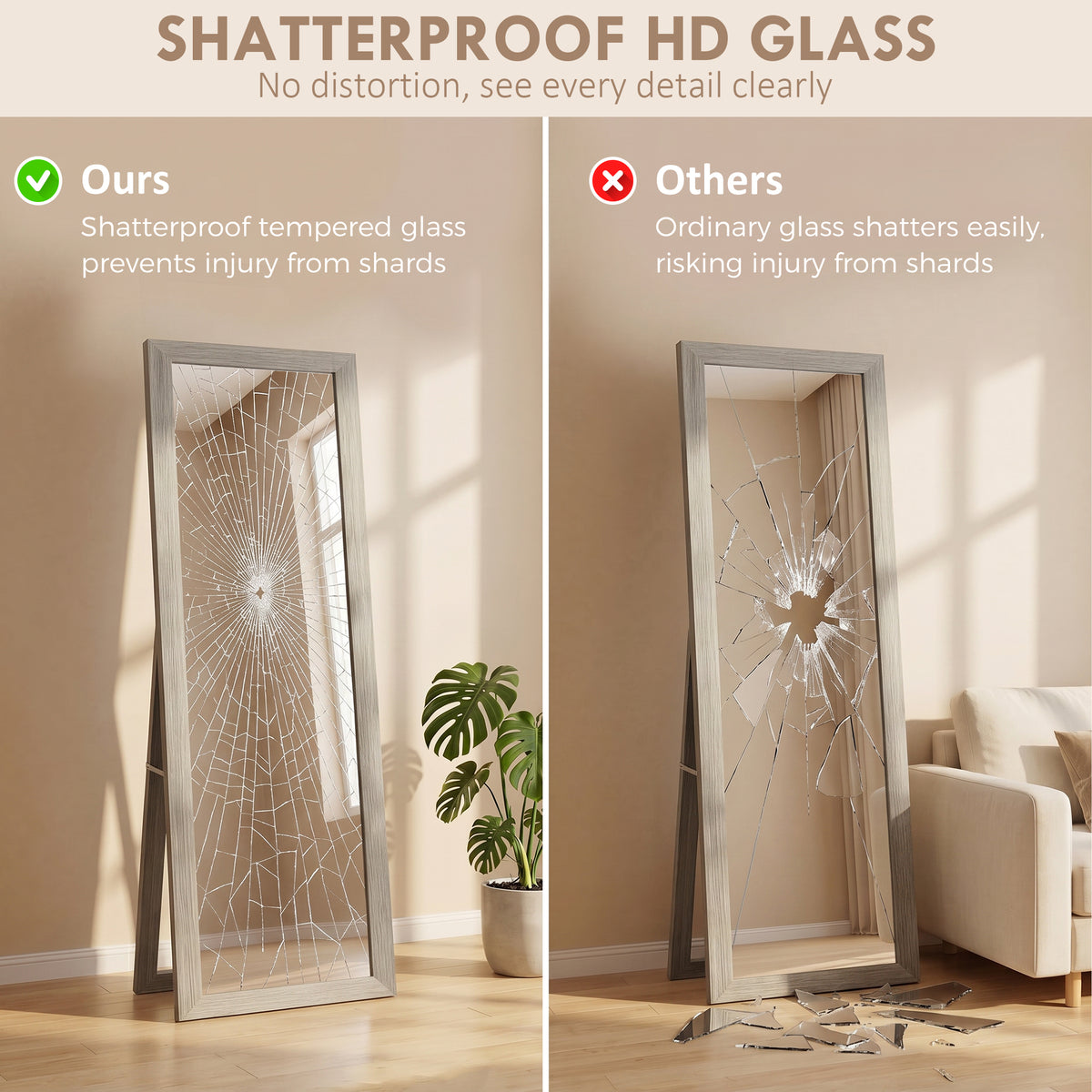 HOMCOM Full Length Mirror, 37 x 157 cm, Hanging or Freestanding, Rectangular Full Body Mirror for Living Room, Bedroom, Grey