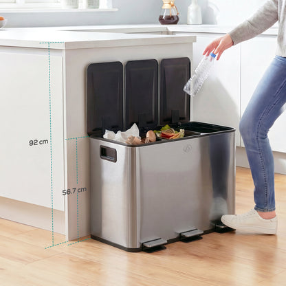 HOMCOM 3 x 20L Pedal Bin, Steel Triple Kitchen Bin with Soft Close Lid, Removable Inner Buckets, Fingerprint-Proof, Silver Tone