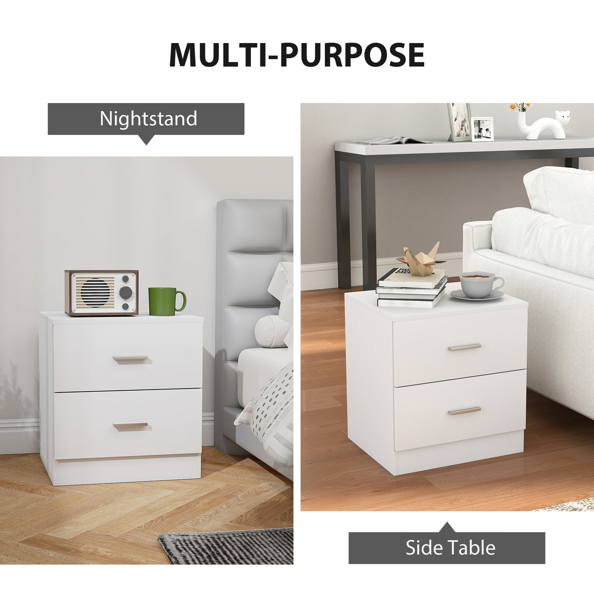 HOMCOM Modern Bedside Table, Beside Cabinet with 2 Drawers, for Bedroom, Living Room, White