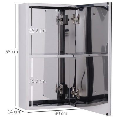 HOMCOM Bathroom Mirror Cabinet, Stainless Steel Wall Mounted Bathroom Cabinet with Mirror for Small Cloakroom Compact Space, 30 x 14 x 55 cm