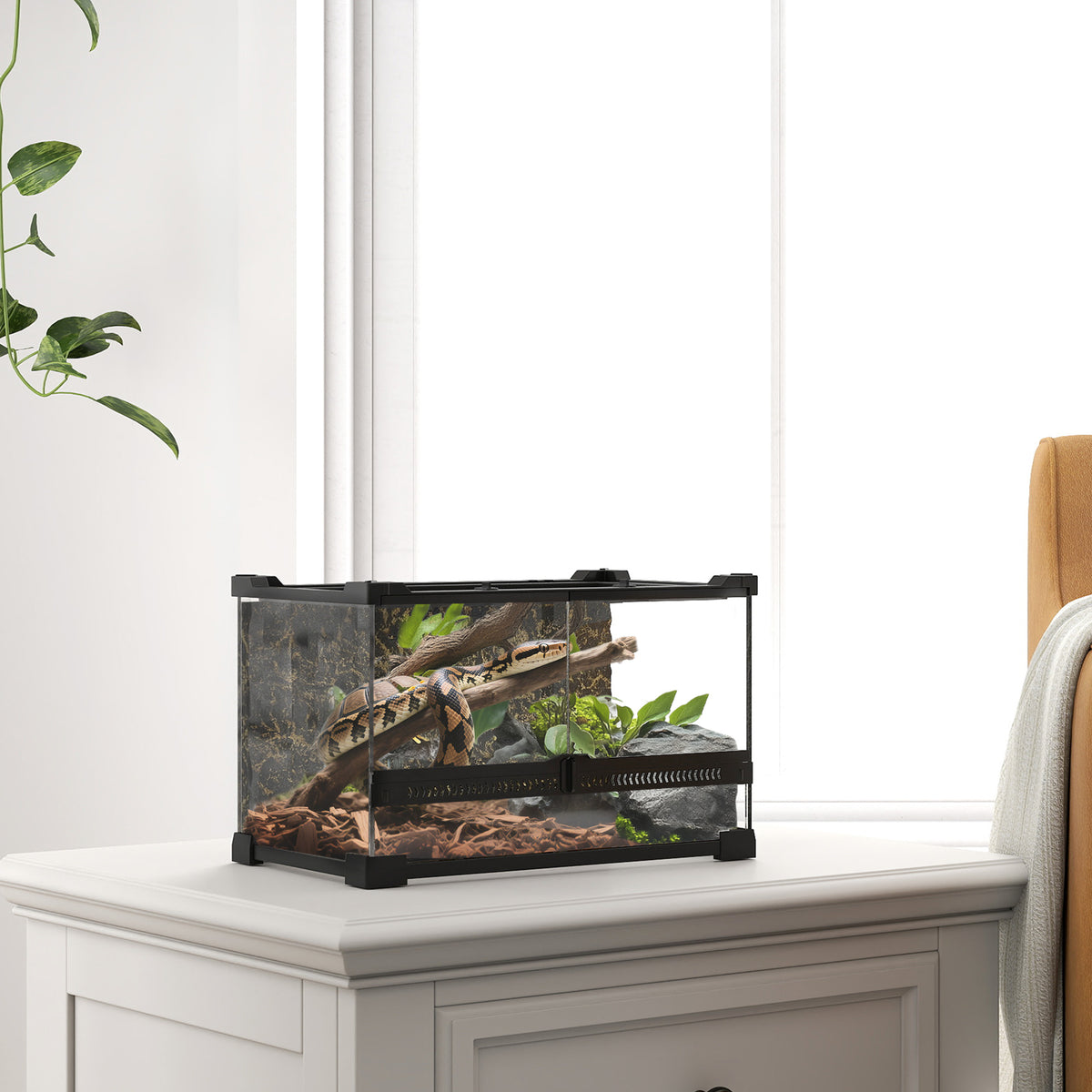 PawHut Reptile Glass Terrarium with Stone Background, Front Ventilation, Escape-Proof Knob Lock, 30 x 20 x 20 cm, Black