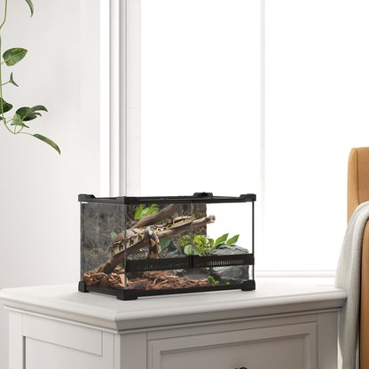 PawHut Reptile Glass Terrarium with Stone Background, Front Ventilation, Escape-Proof Knob Lock, 30 x 20 x 20 cm, Black