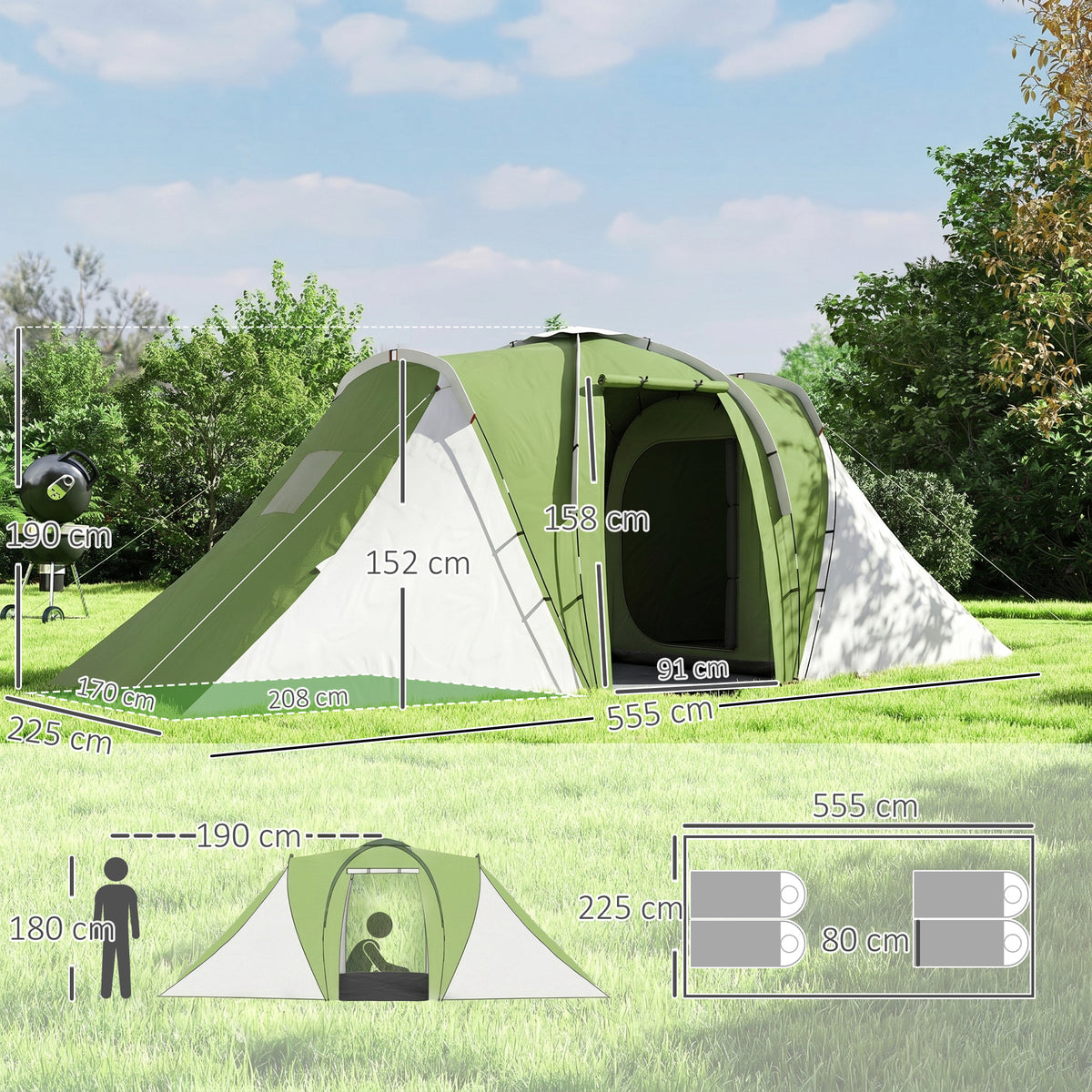 Outsunny Large Camping Tent Tunnel Tent with 2 Bedroom and Living Area, 2000mm Waterproof, Portable with Bag for 4 Man, Green