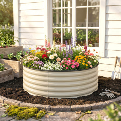 Outsunny Galvanised Raised Garden Bed with Safety Edging, Outdoor Raised Planter Box with Gloves, 120 x 120 x 43cm, Cream White