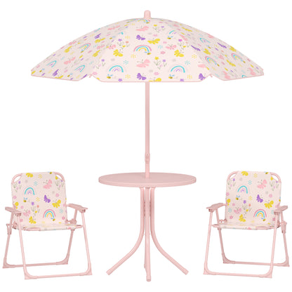 AIYAPLAY 4-Piece Kids Garden Table and Chair Set with Adjustable Parasol, Folding Chairs, Table, Rainbow Pattern, Pink