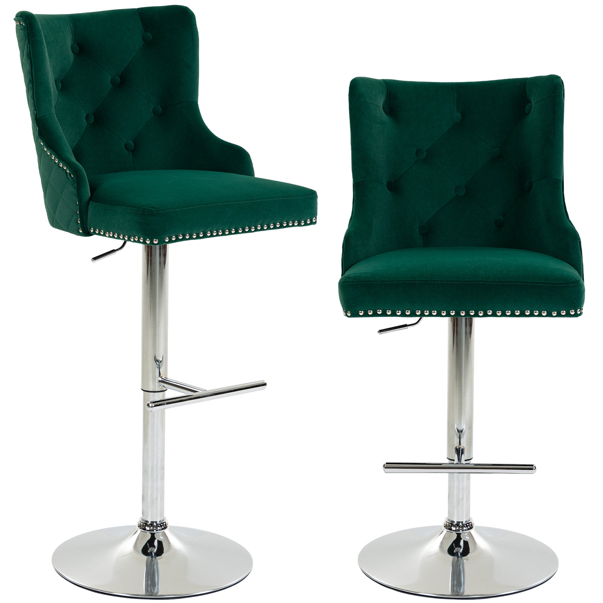 HOMCOM Bar Stools Set of 2, Modern Swivel & Adjustable Velvet Barstools with Button-Tufted Back, Footrest for Home Bar, Green