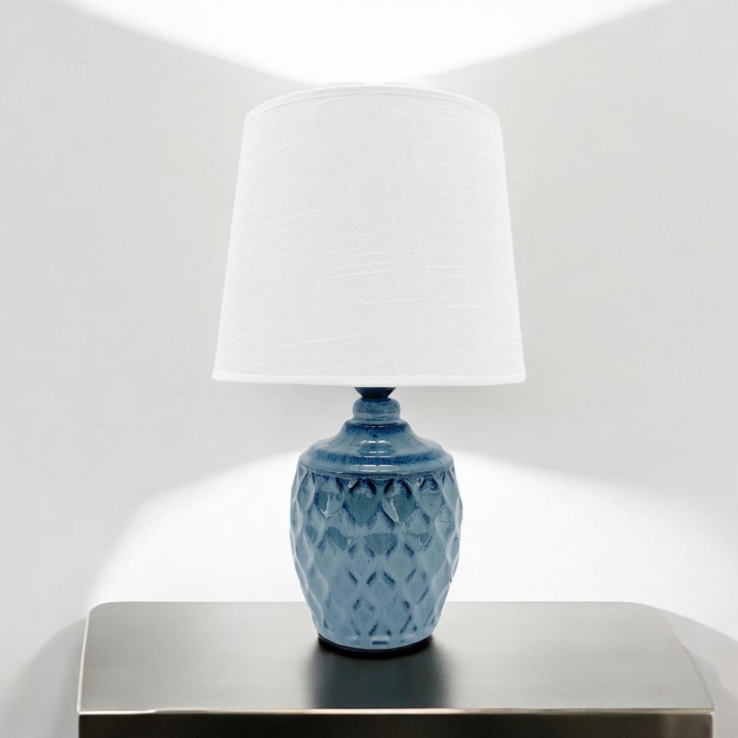AcaciaHome Sophisticated and Durable 40cm Blue Ceramic Table Lamp with White Drum Shade - Elegant Home Decor with Functional Design for bedrooms, Living Rooms, or Studies Room (Round/Tall Blue Vase)