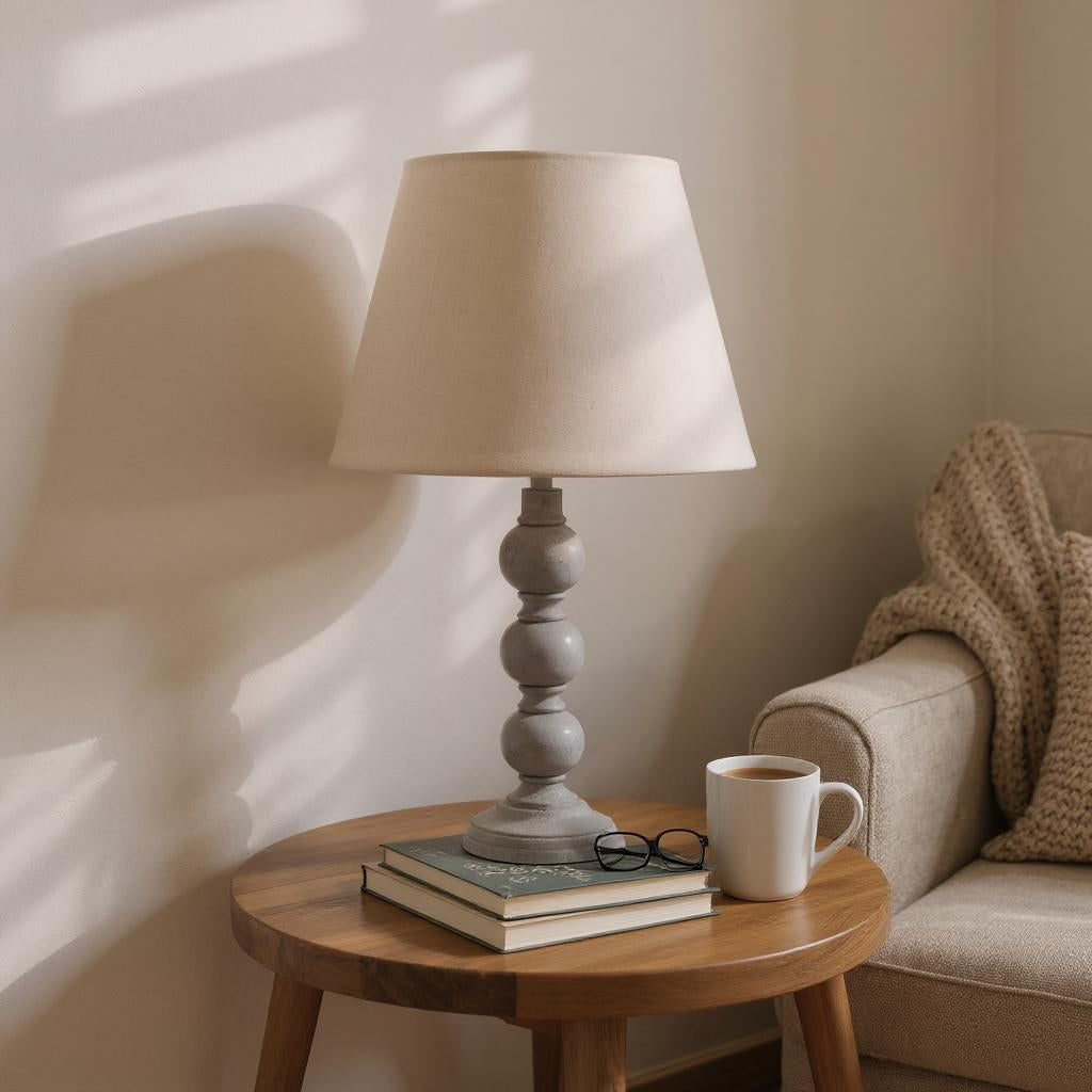 AcaciaHome Modern Tall Wooden Washed Table Lamp - Traditional Shabby Chic Design with Taupe Linen Shade, Wood Effect Finish for Living Rooms, Bedrooms, or Hallways Decor (31cm Grey with Cream Shade)
