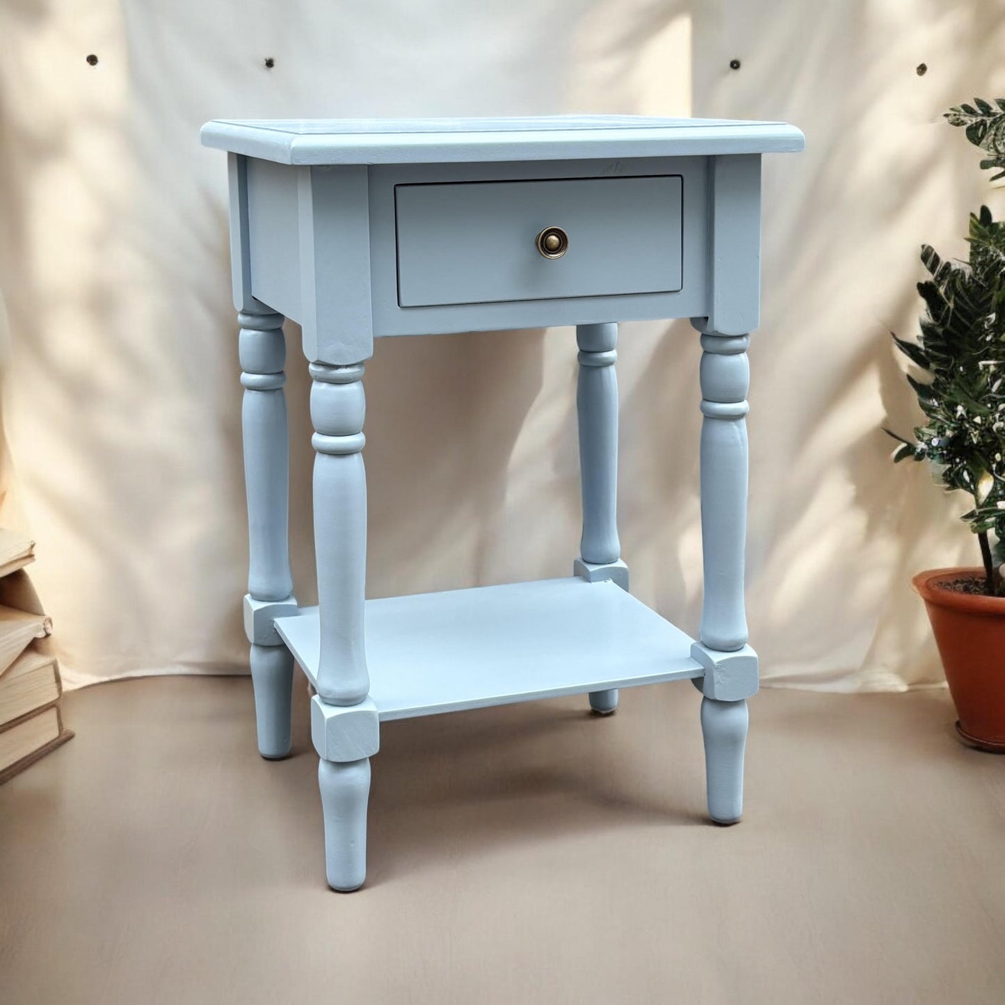 Modern and Stylish Bedside Wooden Side Table with 1 Drawer and Shelf - Sleek Art Deco Solid Pine Wood Side Tables with Storage for Home, Office, Living Room, and Hallways Decor (Solid, Sky Blue)