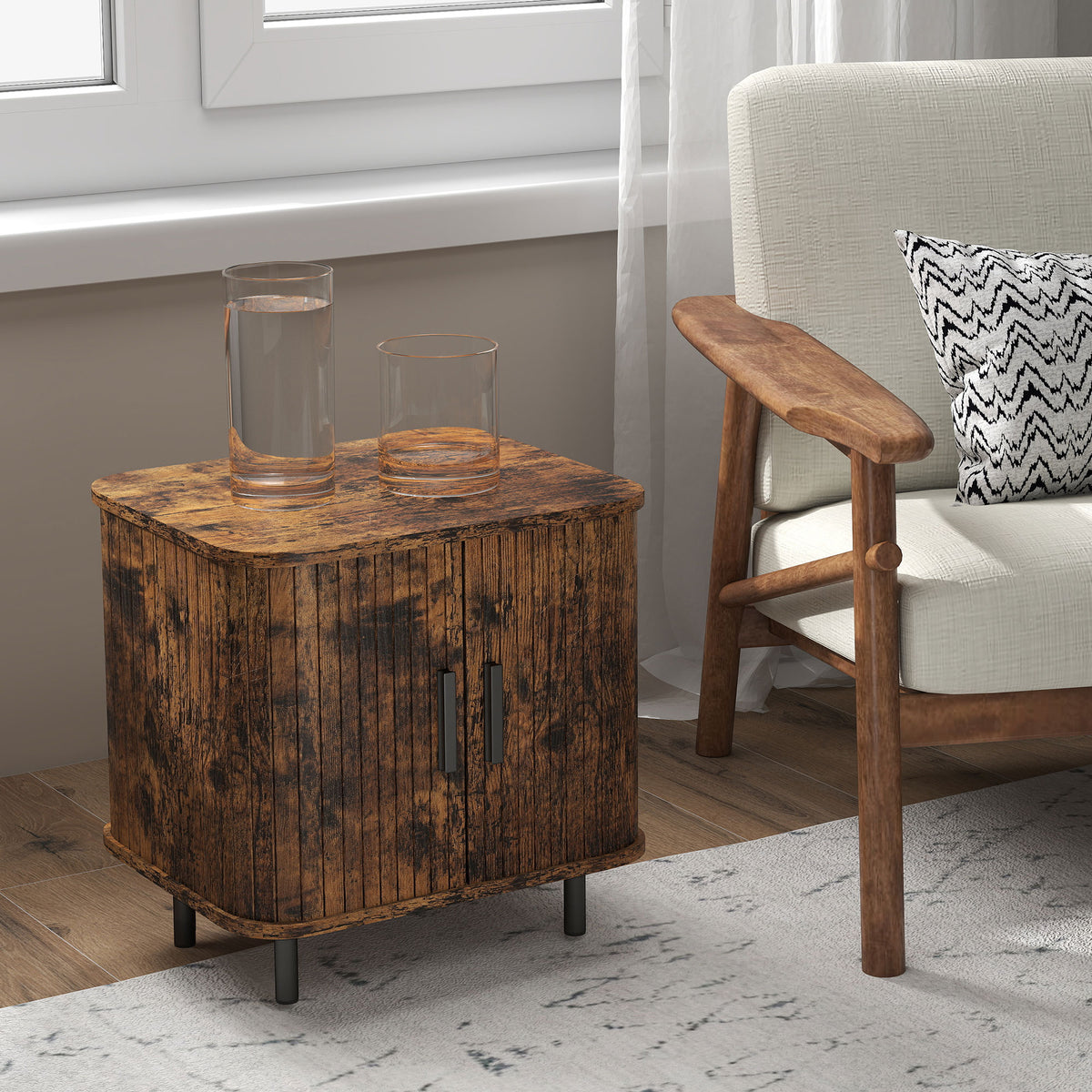 HOMCOM Nightstand with Sliding Doors and Metal Legs Rustic Brown