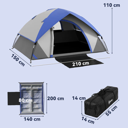 Outsunny Two Man Single Room Dome Tent, with Accessories - Dark Blue/Grey