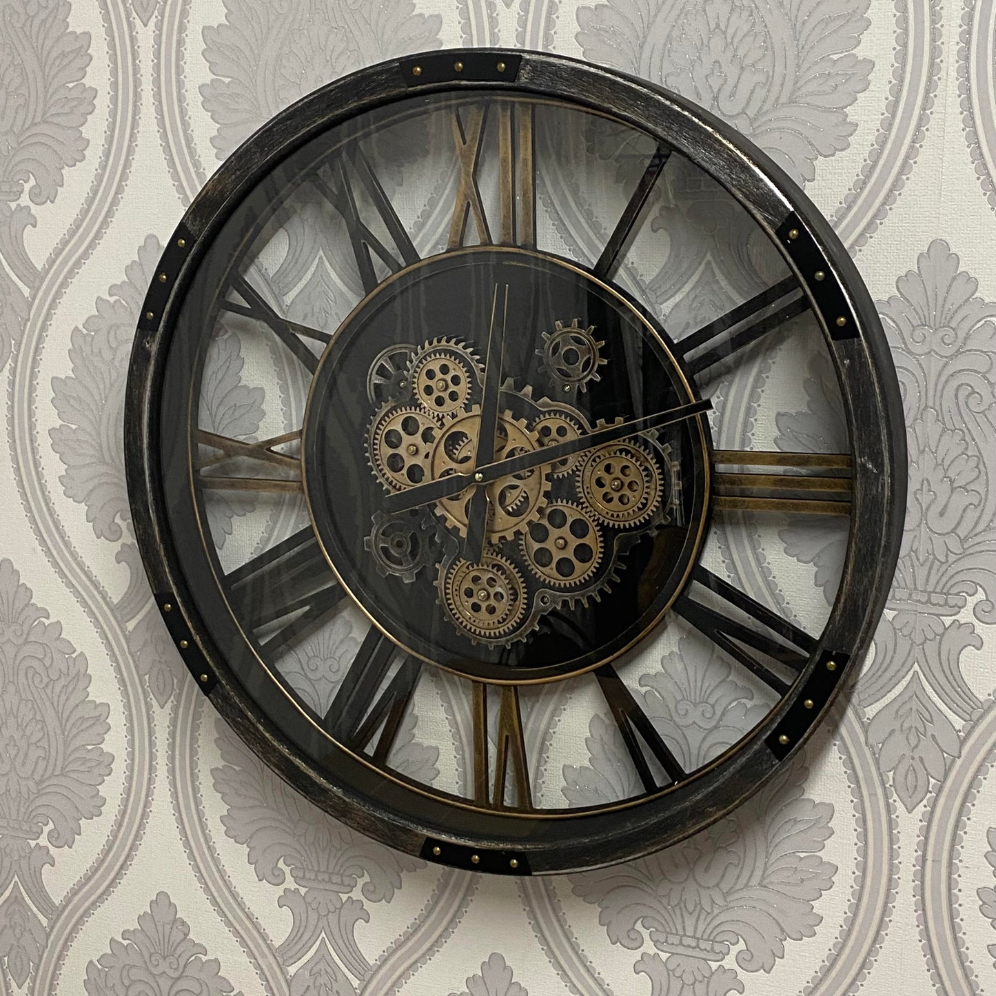 AcaciaHome Stylish & Decorative Industrial with Roman Numerals Round Wall Clock - Modern Design, Moving Gears, Battery-Operated Quartz Movement Timepiece for Living Room & Home (Black & Grey 68cm)