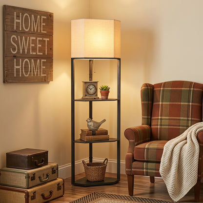 HOMCOM Corner Floor Lamp with Shelves, Tall Standing Lamps for Living Room, with Pull Chain Switch Bulb not Included, Black