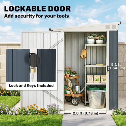 Outsunny 7.6 x 4ft Lean to Garden Metal Shed, Outdoor Storage Shed with Window, 2 Vents and Lockable Door for Garden, Dark Grey