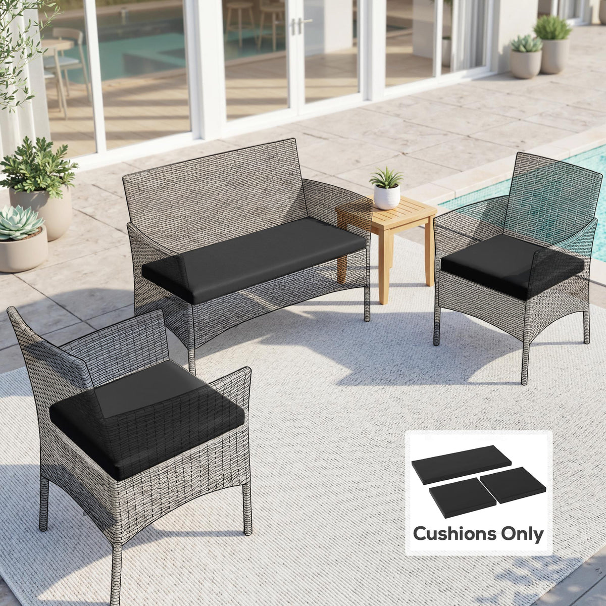 Outsunny Outdoor Seat Cushion Pads for Rattan Furniture, 3 PCs Garden Furniture Cushions, Black