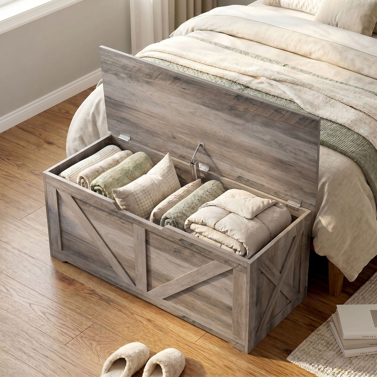 HOMCOM 100L Home Storage Box, with Safety Hinge - Grey Wood-Effect