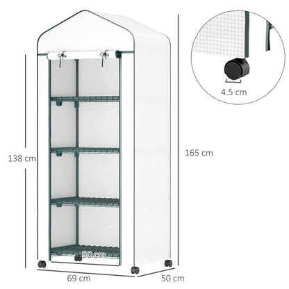 Outsunny 4 Tier Mini Portable Greenhouse Compact Plant Grow Shed Metal Frame PE Cover with Lockable Rolling Wheels, White