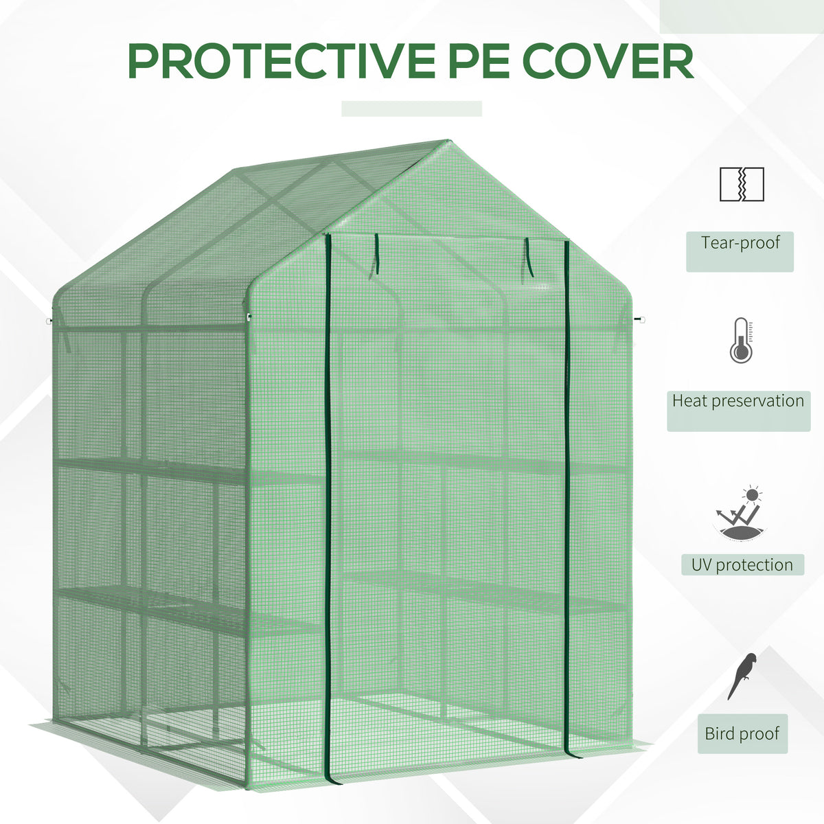 Outsunny Walk in Greenhouse with Shelves Steeple Green House for Garden Grow House Removable Cover 143x138x190cm, Green