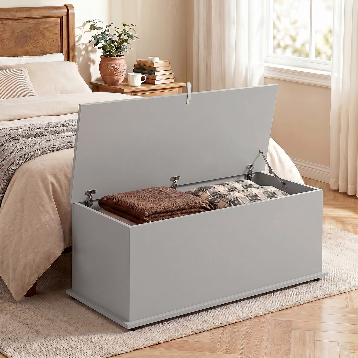 HOMCOM Storage Chest, Large 114L Blanket Box, Shoe Bench with Safety Hinged Lid, Storage Trunk, Bed End Bench for Bedroom, Hallway, Living room, Playroom, 100 x 40 x 40cm, Grey