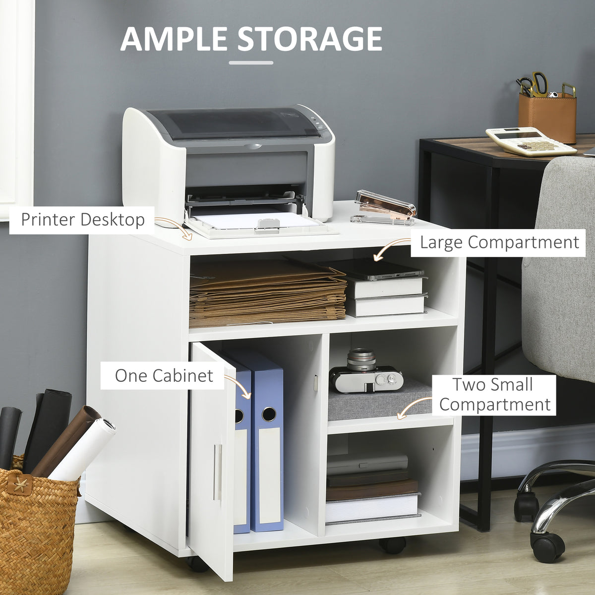 HOMCOM Multi-Storage Printer Stand, Mobile File Cabinet with Shelves, Modern Home Office Rolling Filing Cabinet with Wheels for Study, 60 x 50 x 65.5 cm, White