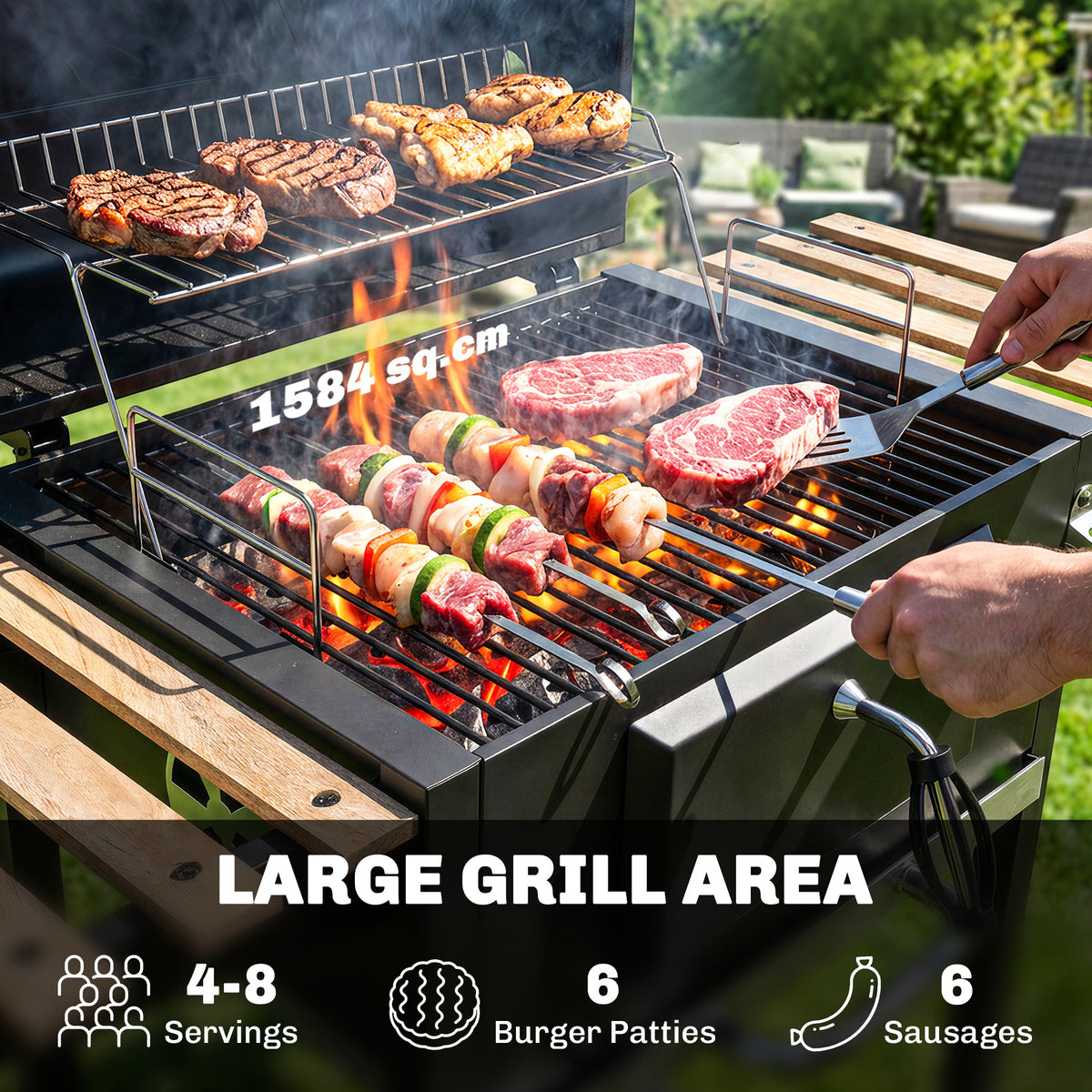 Outsunny Charcoal BBQ Grill with Adjustable Charcoal Pan, Barbecue Smoker with Warming Rack, Black