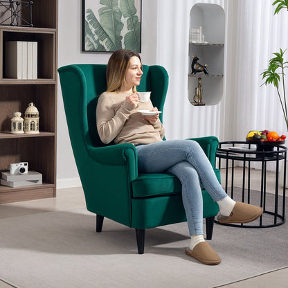 HOMCOM Modern Accent Chair with High Backrest and Pillow, Velvet-Feel Fabric Reading Chair with Solid Wood Legs, Green