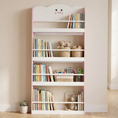 AIYAPLAY 4 Tier Kids Bookshelf, Children Bookcase with Anti-Tip Kit, Toddler Space-Saving Bookcase for Kids Room, Playroom, Pink