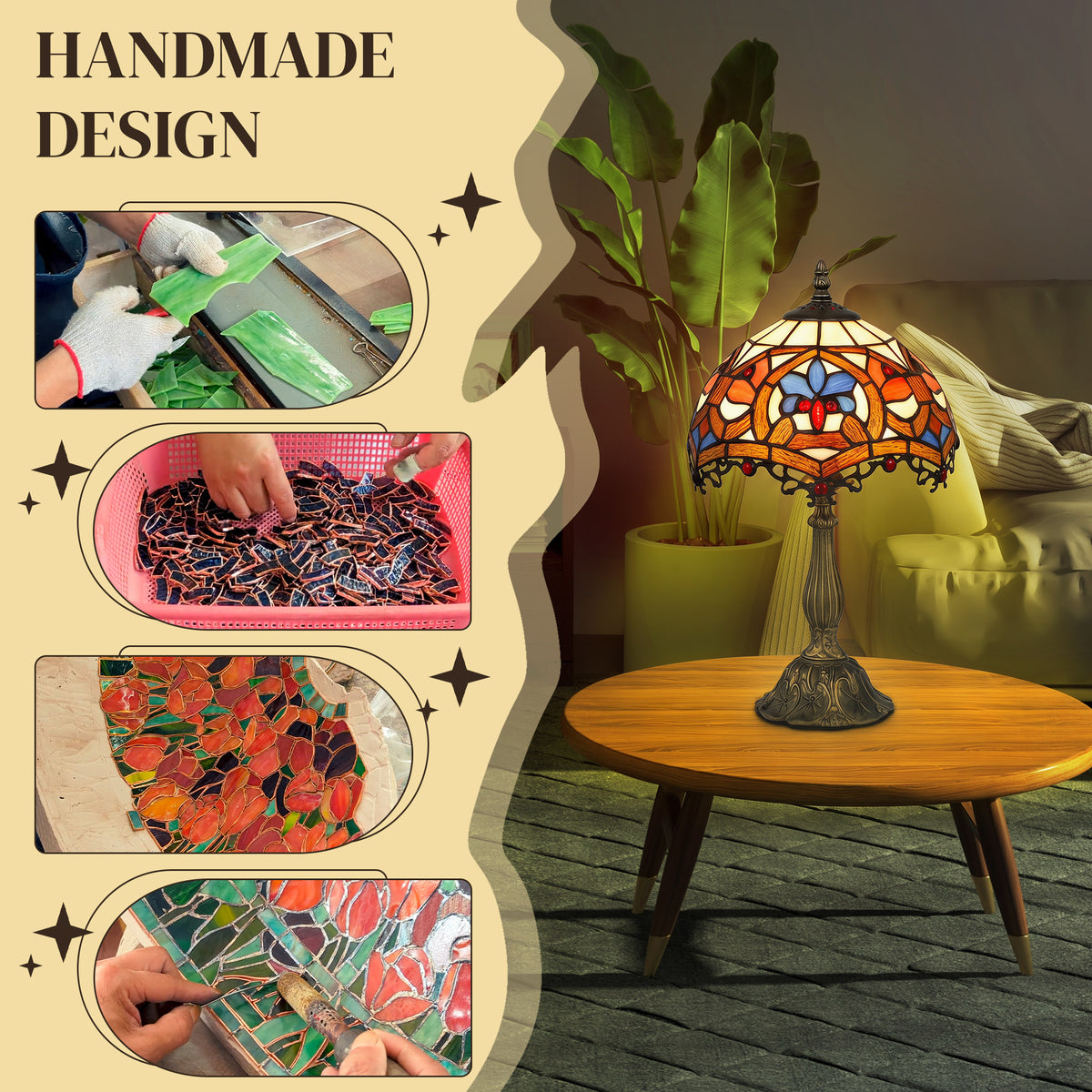 HOMCOM Tiffany Lamp, Stained Glass Table Lamp, Handcrafted Artisan Collectible, Suitable for Living Room and Bedside, Multi-Coloured, Ф25 x 45Hcm, Zinc Alloy.