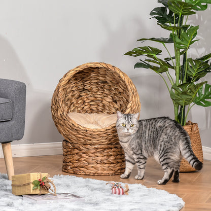 PawHut Woven Banana Leaf Elevated Cat Bed Wicker Kitten Basket Pet Den, House Cosy Cave with Soft Cushion Dome 50x42x60cm Brown