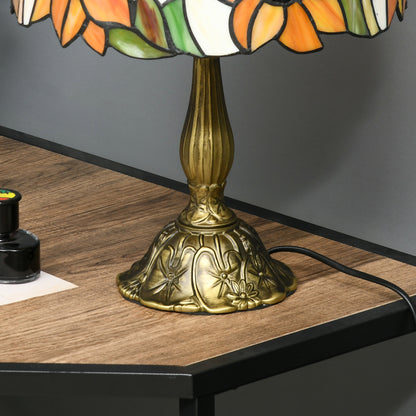 HOMCOM Tiffany Stained Glass Table Lamp, Handmade Antique Bedside Lamp for Bedroom, Living room, Home, Nightstand, Decorative Night Light, Orange Sunflower